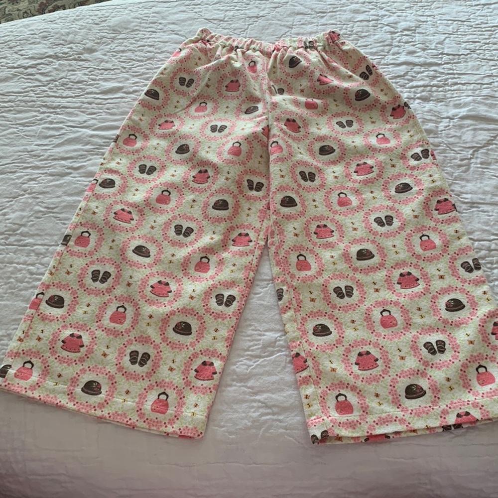HANDMADE PJ PANTS CHILDREN SZ 2/3 SUGAR-SPICE((NEW)) COT FLANNEL PINK/BRN